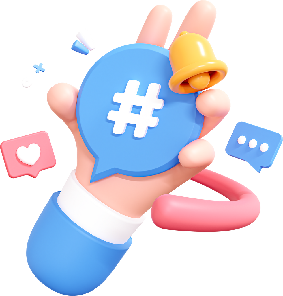 3D Hand holding Hashtag on speech bubble